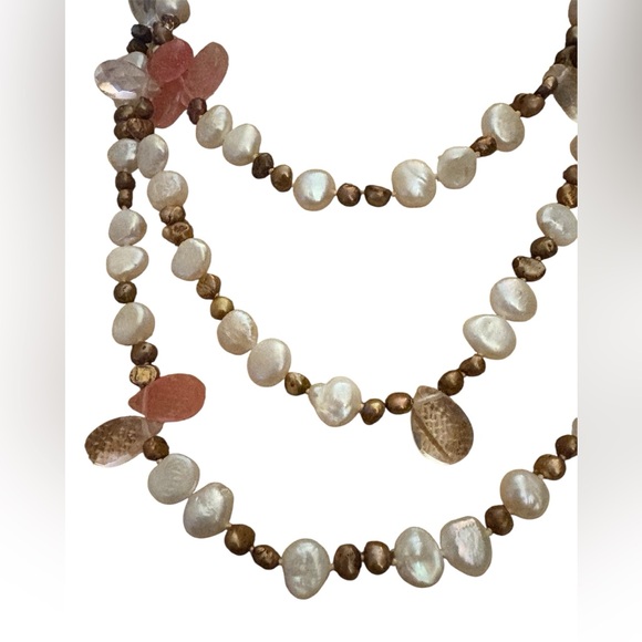 Freshwater Pearl, Rose Quartz and Rutilated Quartz long Hand Knotted Necklace - Picture 2 of 7